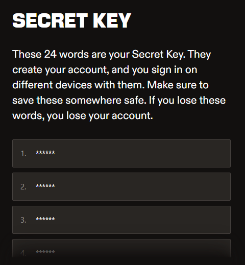Ledger secret key display